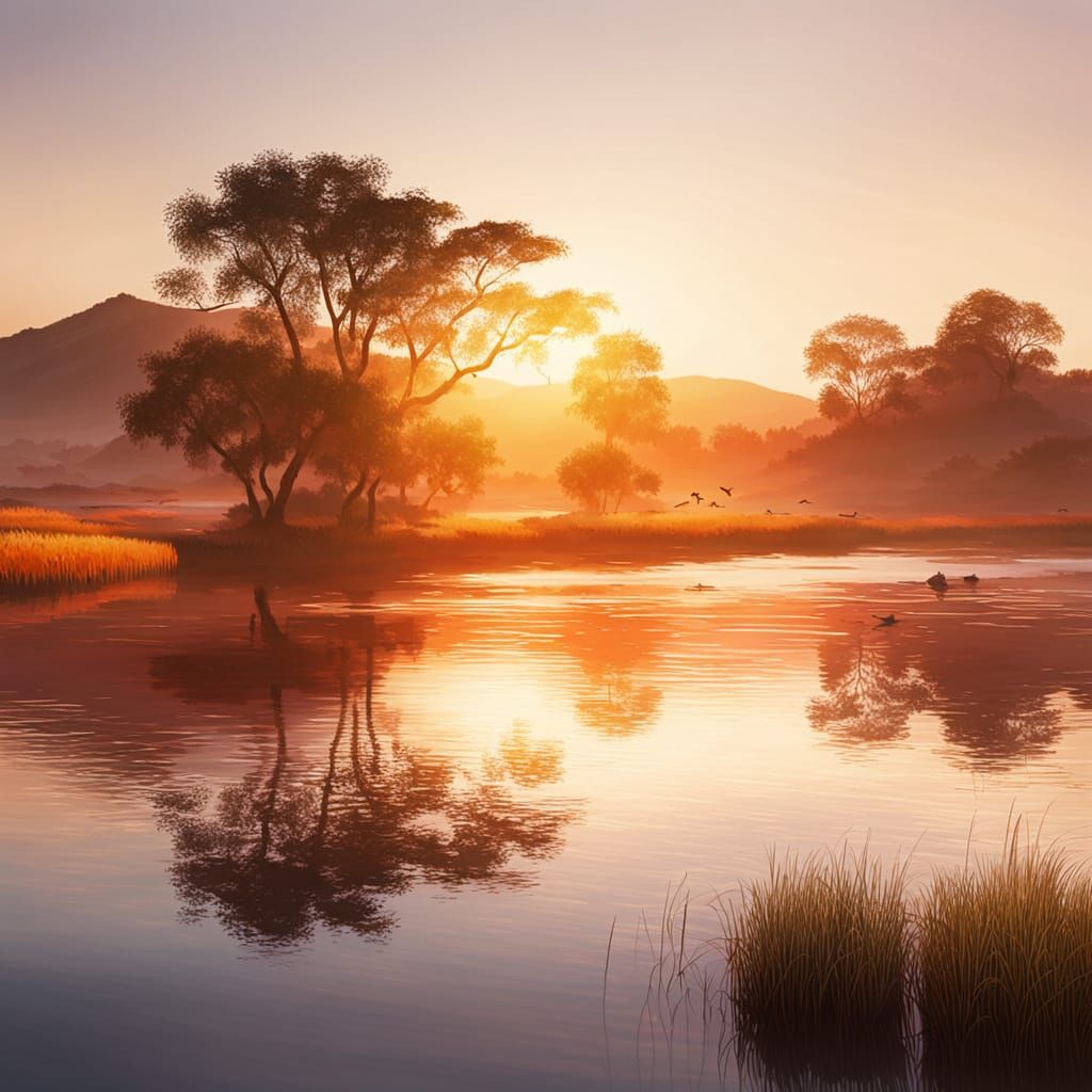 Golden Hour Impressionistic Sunrise Over Serene Waterscape