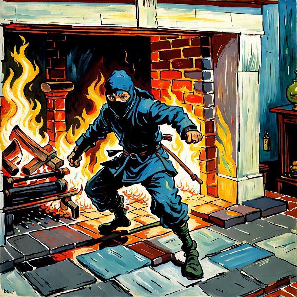 Ninja Exiting Fireplace in Van Gogh Style