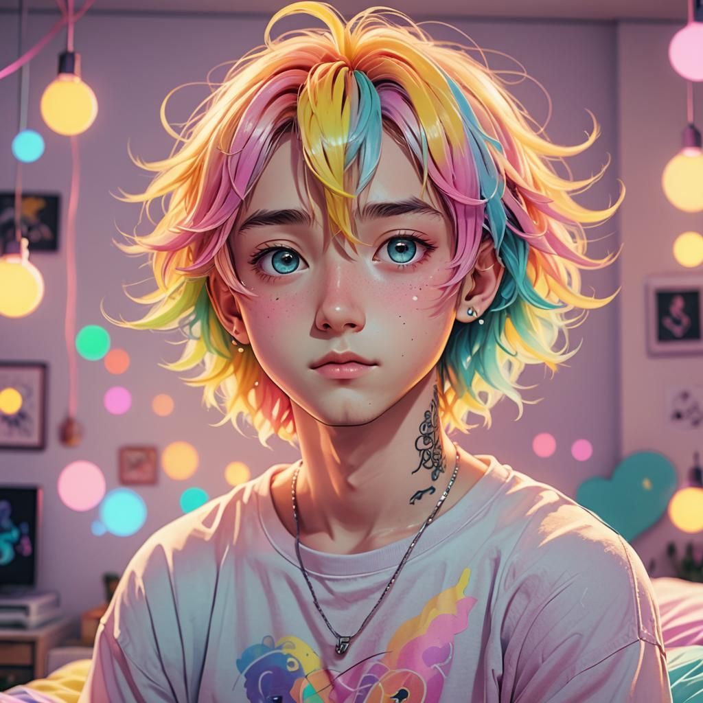 Pastel Anime Illustration of Cute Guy in Bedroom