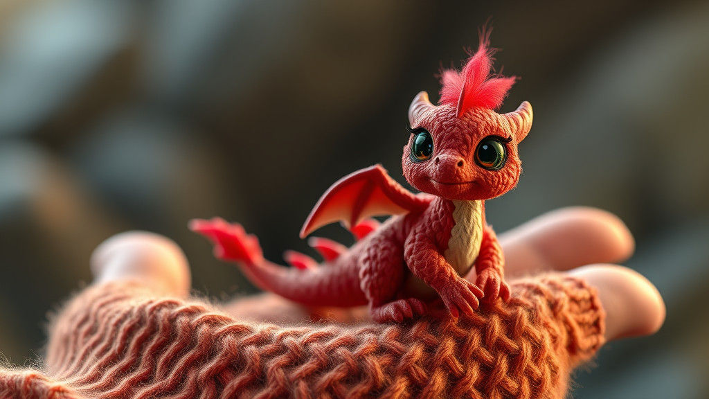 Cute Red Dragon on Giant Hand, Knitted Yarn Art