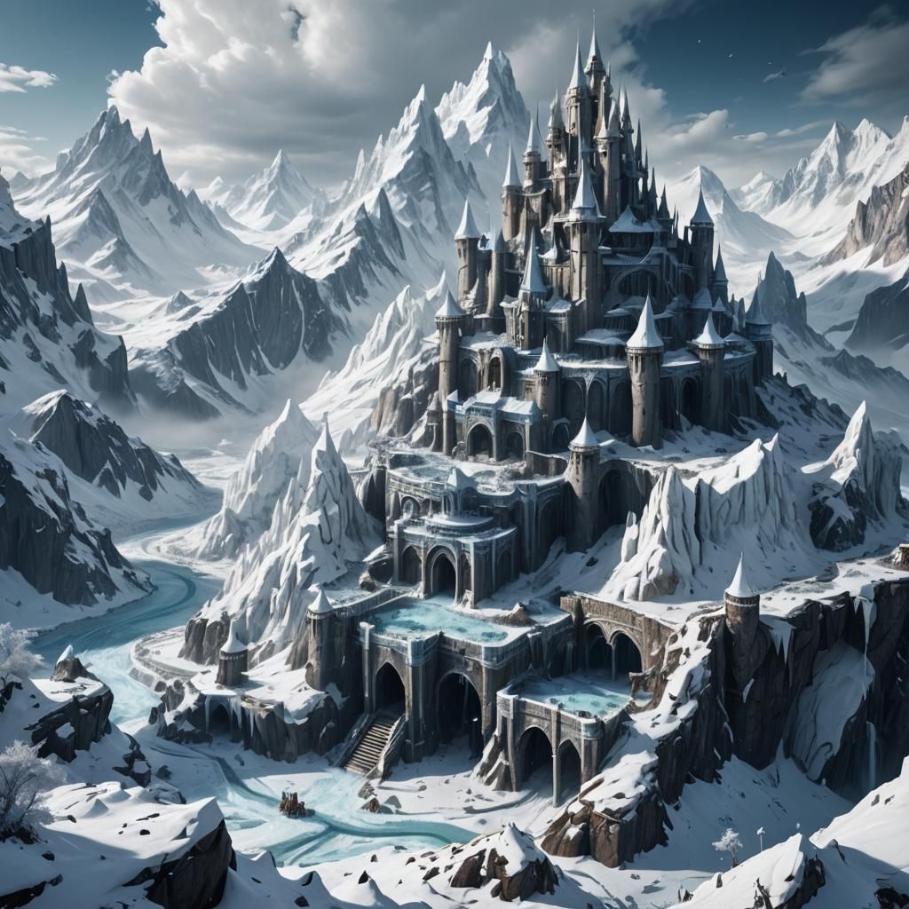 Snowy Evil Kingdom with Ice Mountains: Fantasy Concept Art