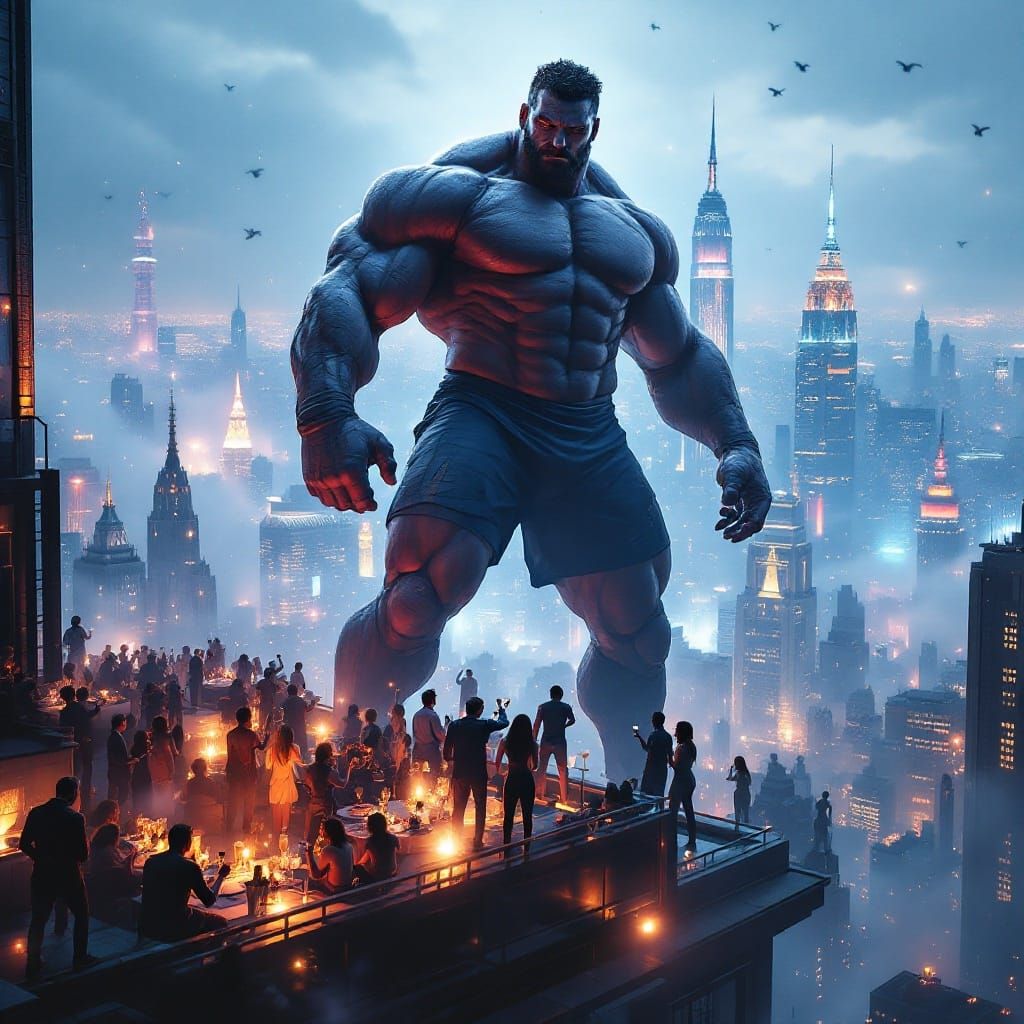 Heroic Giant Rugby Player Amidst Futuristic Metropolis Rooft...