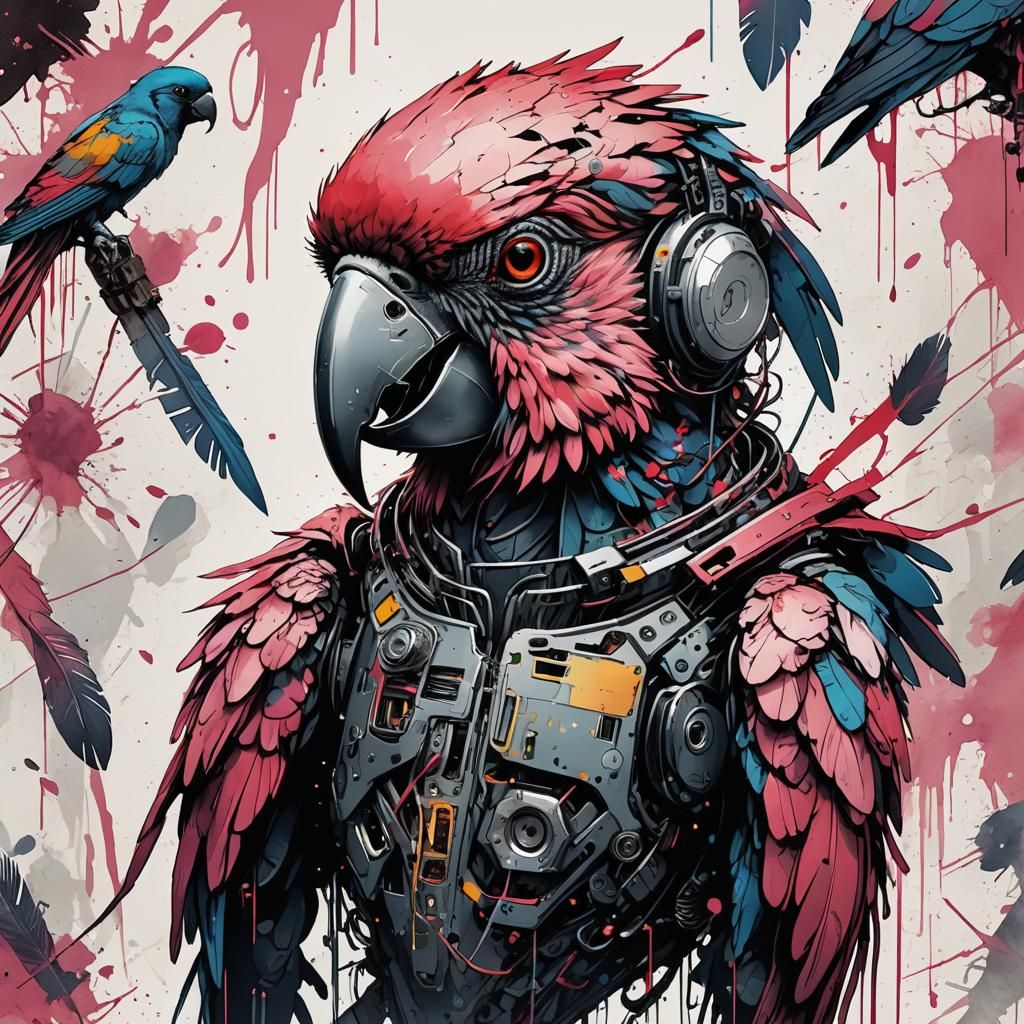 Cyborg Parrot in Watercolor Splash Art Style
