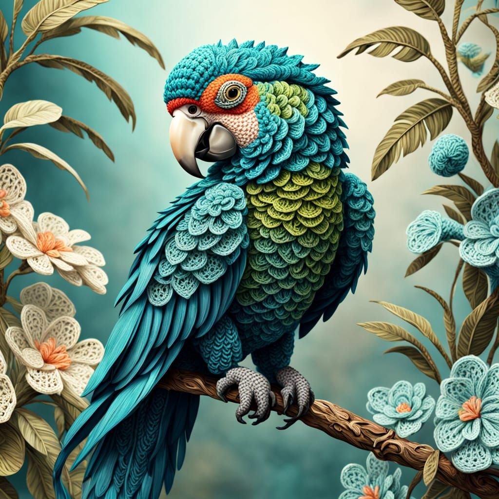 Whimsical Crochet Parrot Perches in Vibrant Digital Landscap...