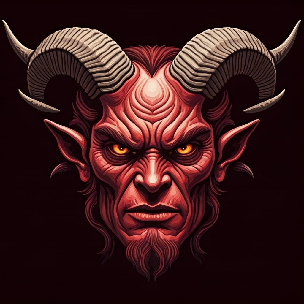 Scary horned devil face drawn with mosaic technique cool red colors mosaic