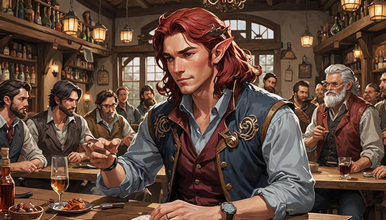 Tiefling Bard's Fantasy Tavern Performance in Anime Style