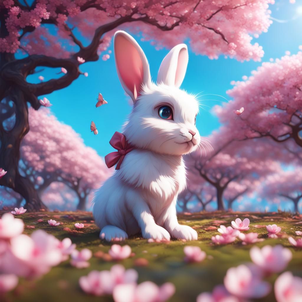 Anime Rabbit with Friends Under Blossom Trees