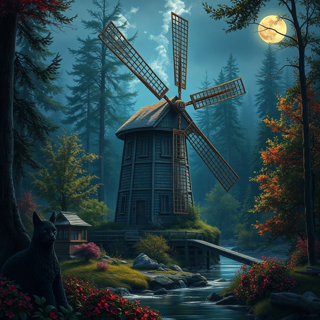 Historic Windmill Hidden in Forest at Moonlight in Vibrant C...