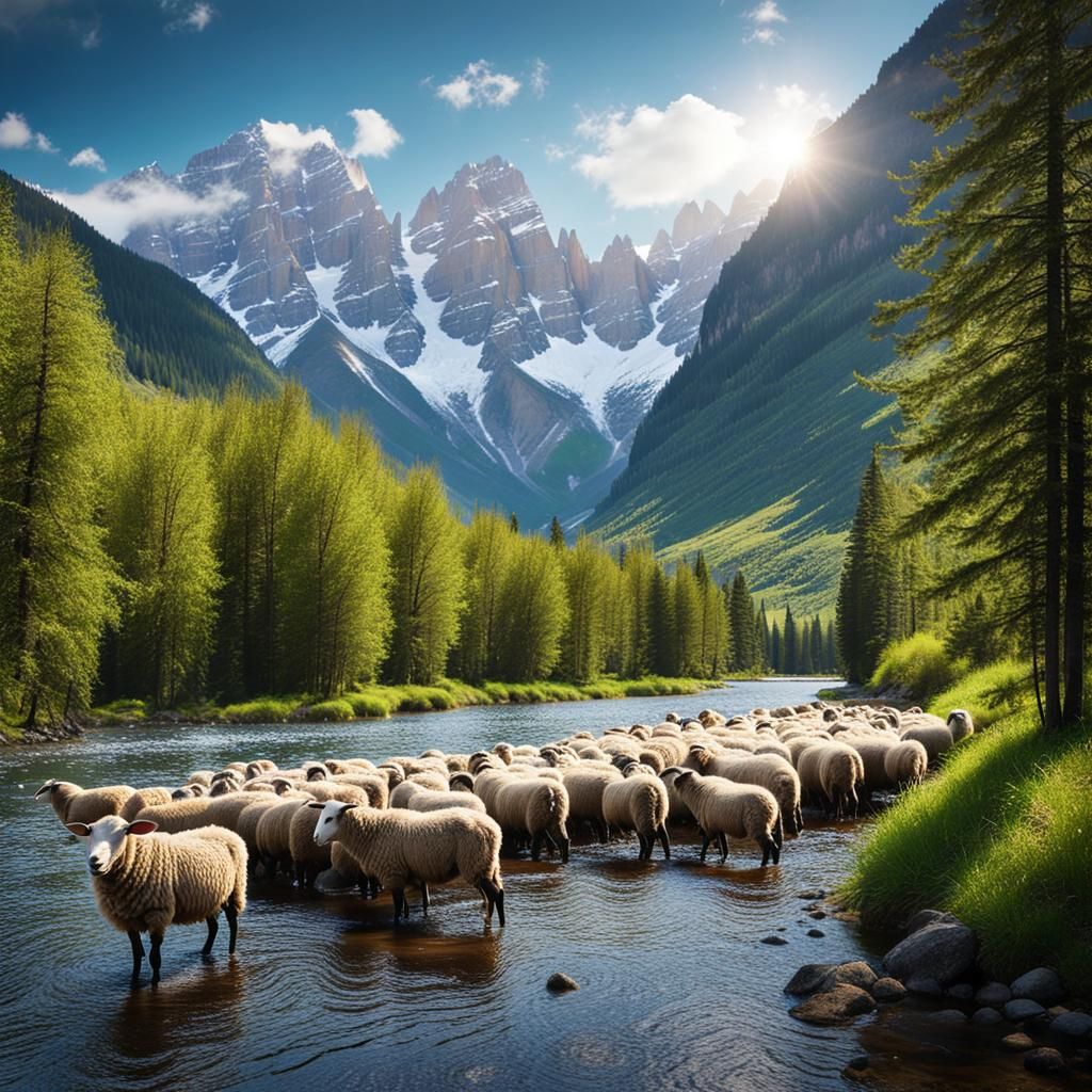 Mountain Landscape with River, Snow, and Sheep