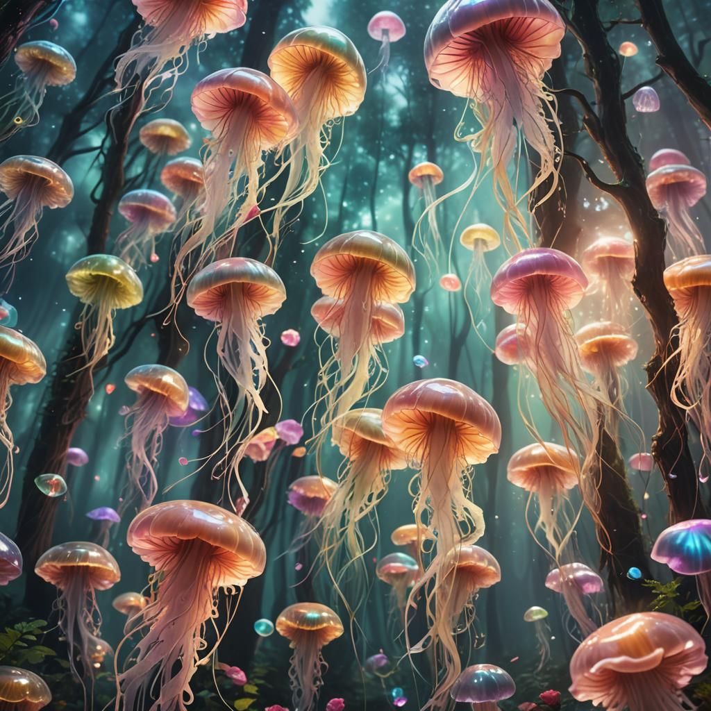 Surreal Jellyfish Roses in Mystical Forest