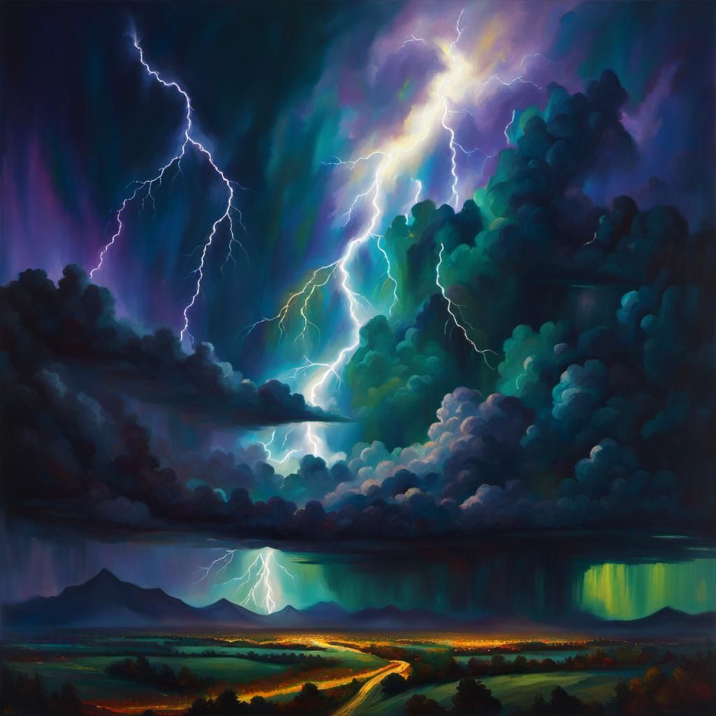 Lightning Storm Landscape in Action Painting Style