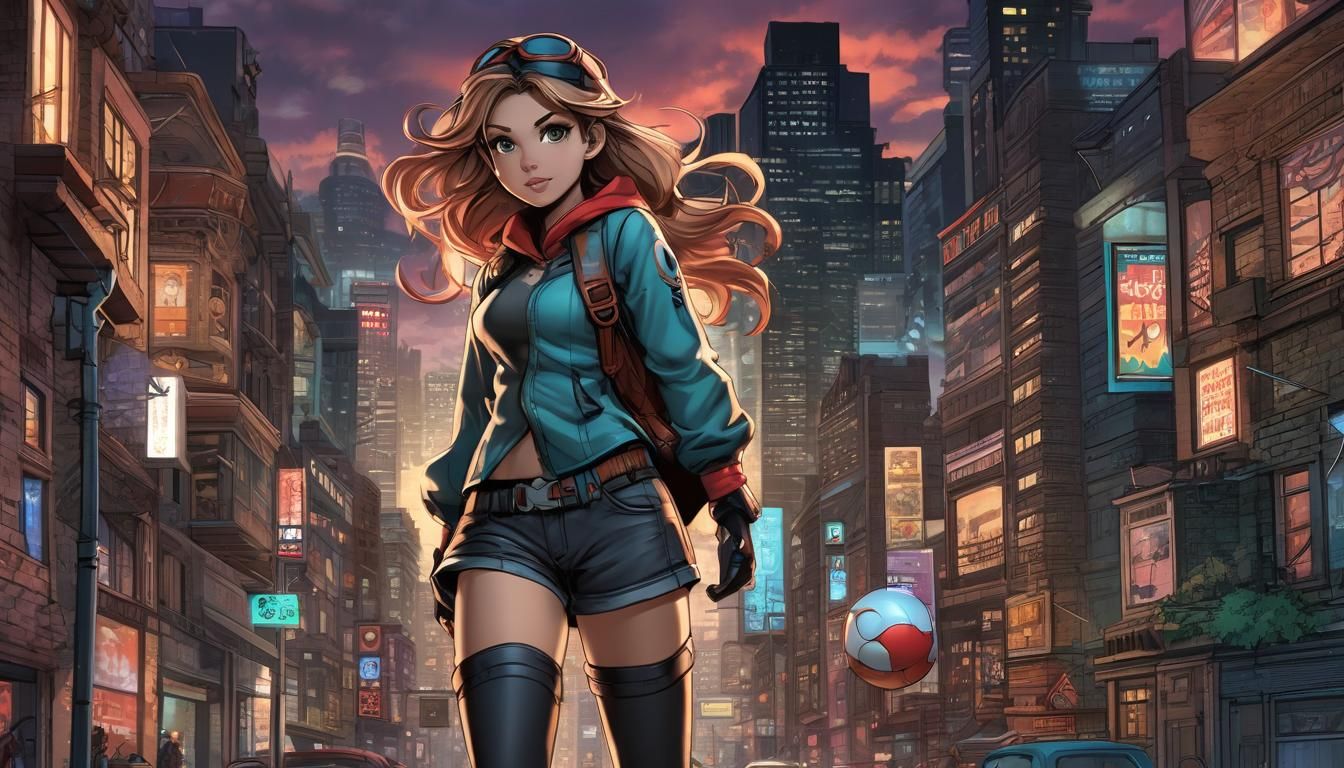 Pokémon Girl in Dynamic Cityscape, Comic Book Art