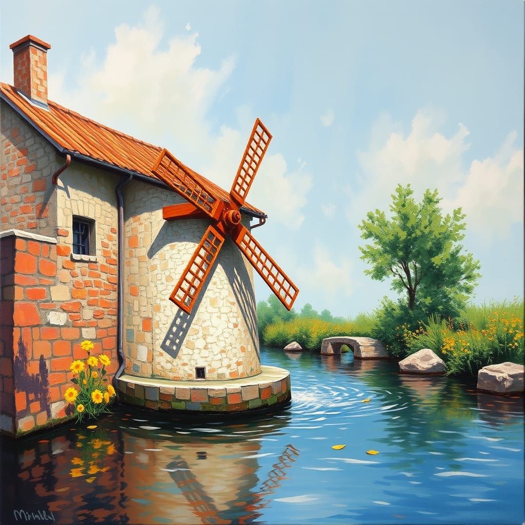Rustic Watermill in Vibrant Colors with Orange Hydraulic Whe...