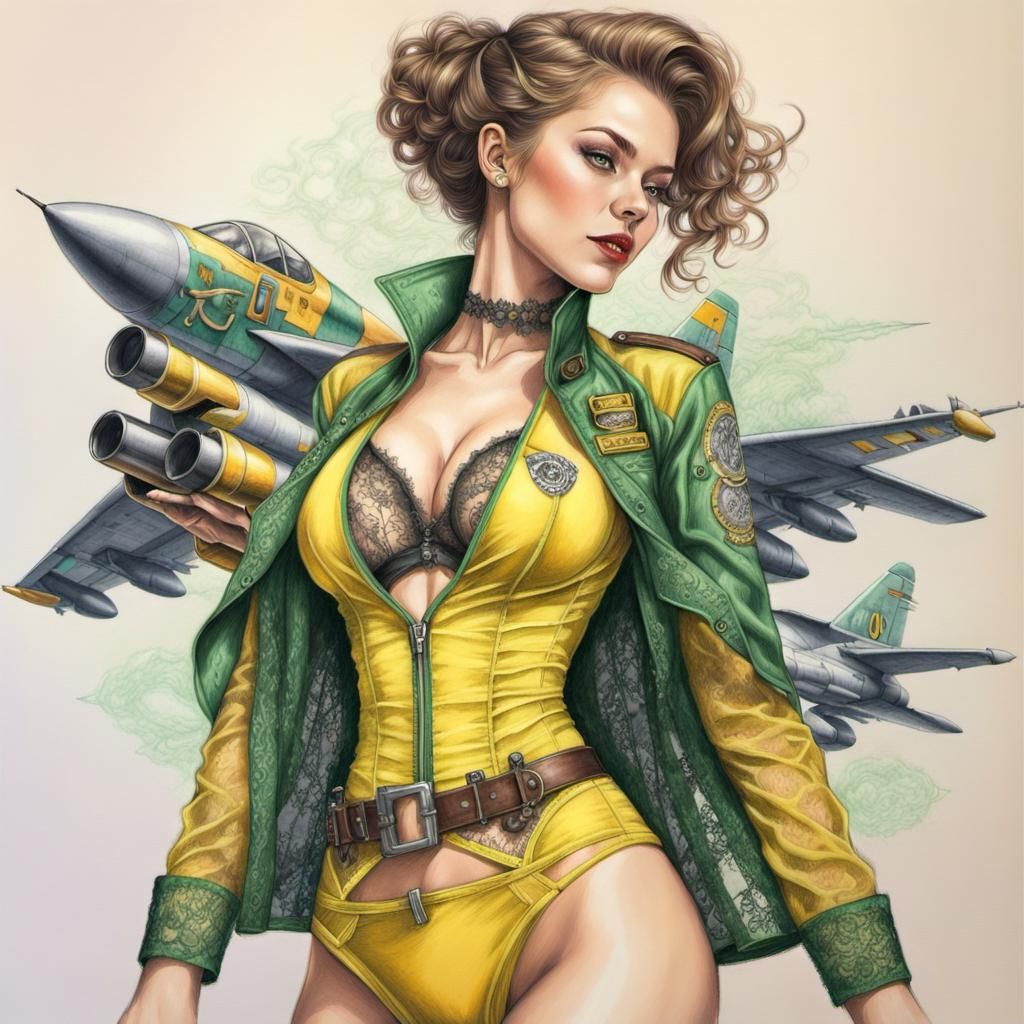 Steampunk Woman with Jet Fighter, Color Pencil Art