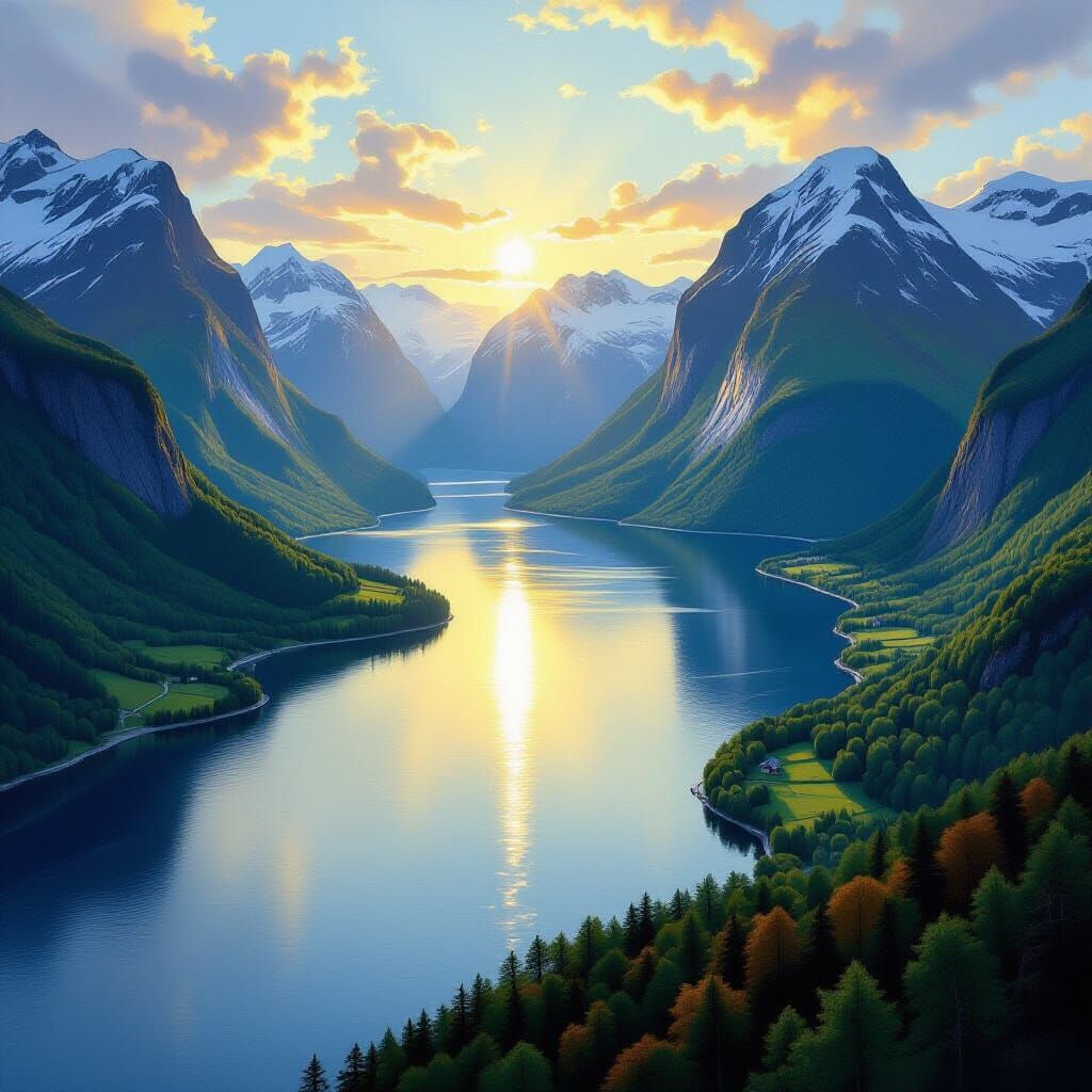 Norwegian Fjords: Landscape Painting in Golden Light