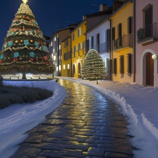 Winter Wonderland Village at Night in Vibrant Colors and Fes...