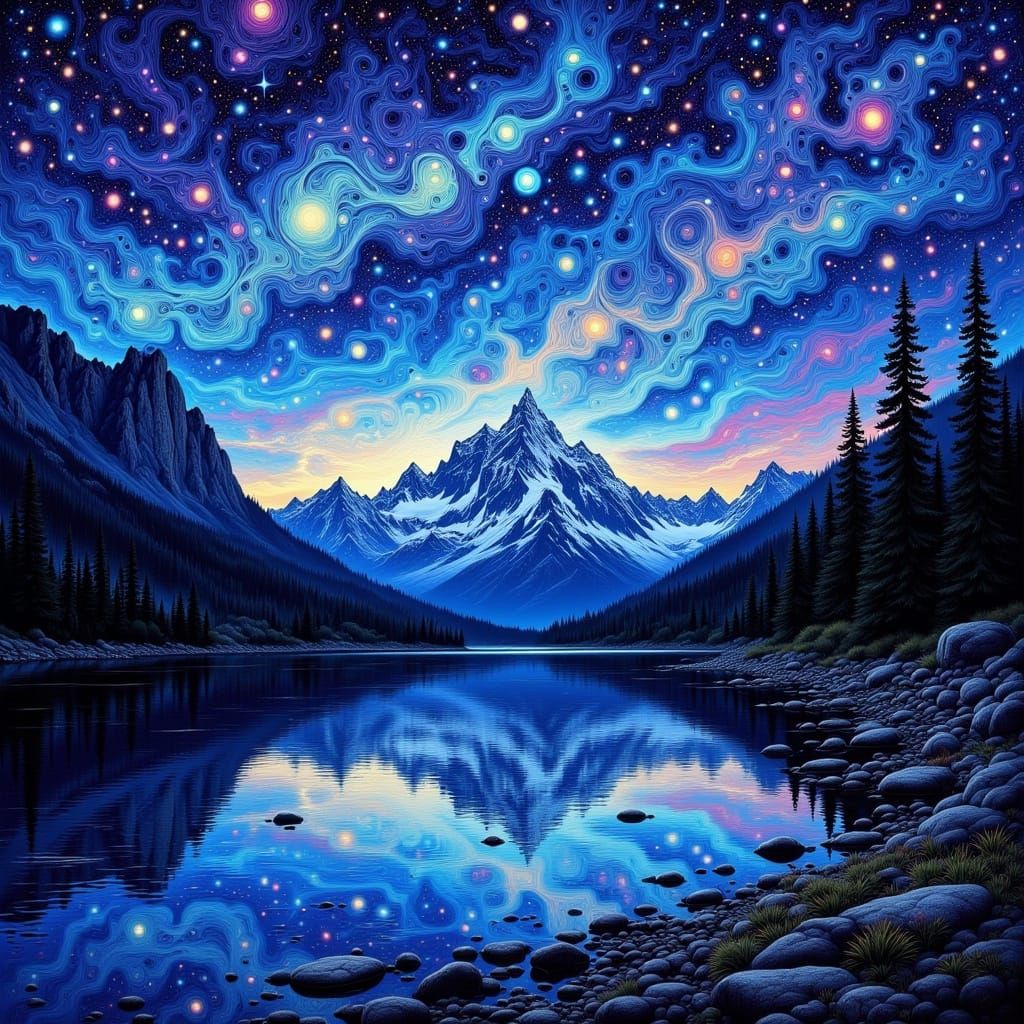Starry Night Over Mountain Lake, Expressive Art