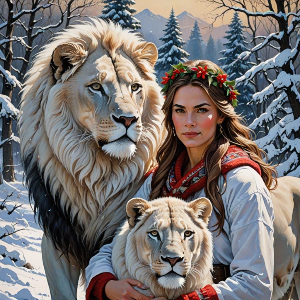 A Majestic Lady Surrounded by Peaceful Lions in a Winter Won...