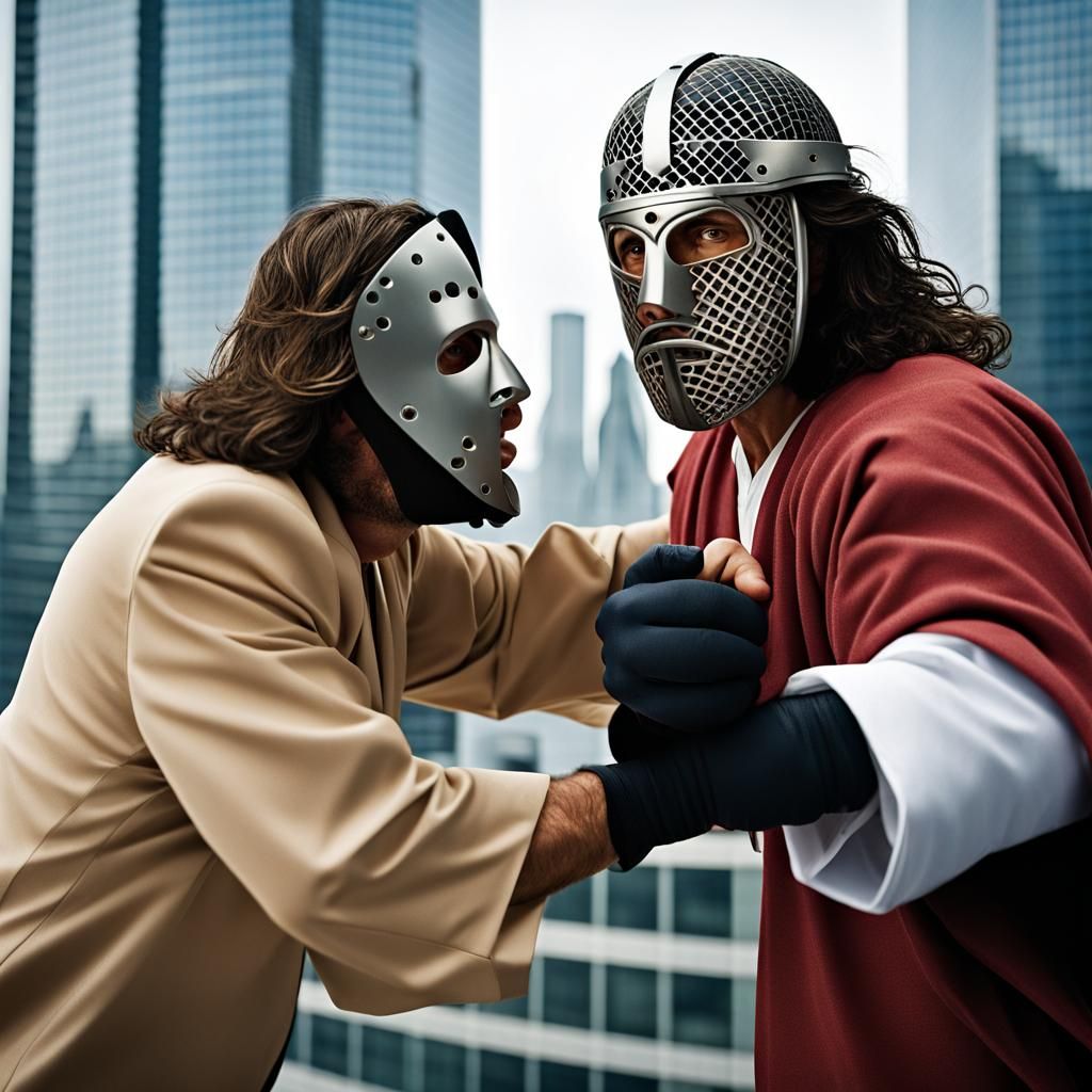 Jesus vs Hockey Mask Man: Slap Fight Portrait