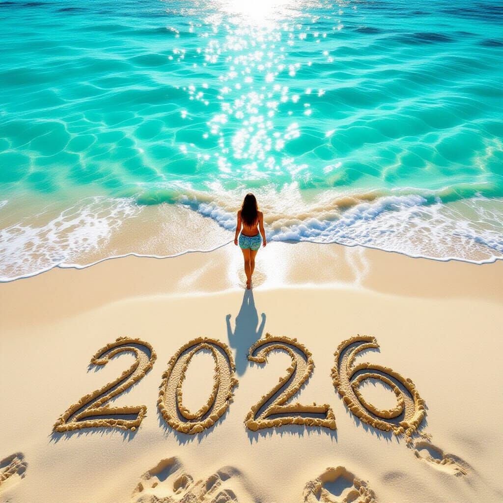 Tropical Beach Shoreline Sand Writing in Photorealistic Styl...