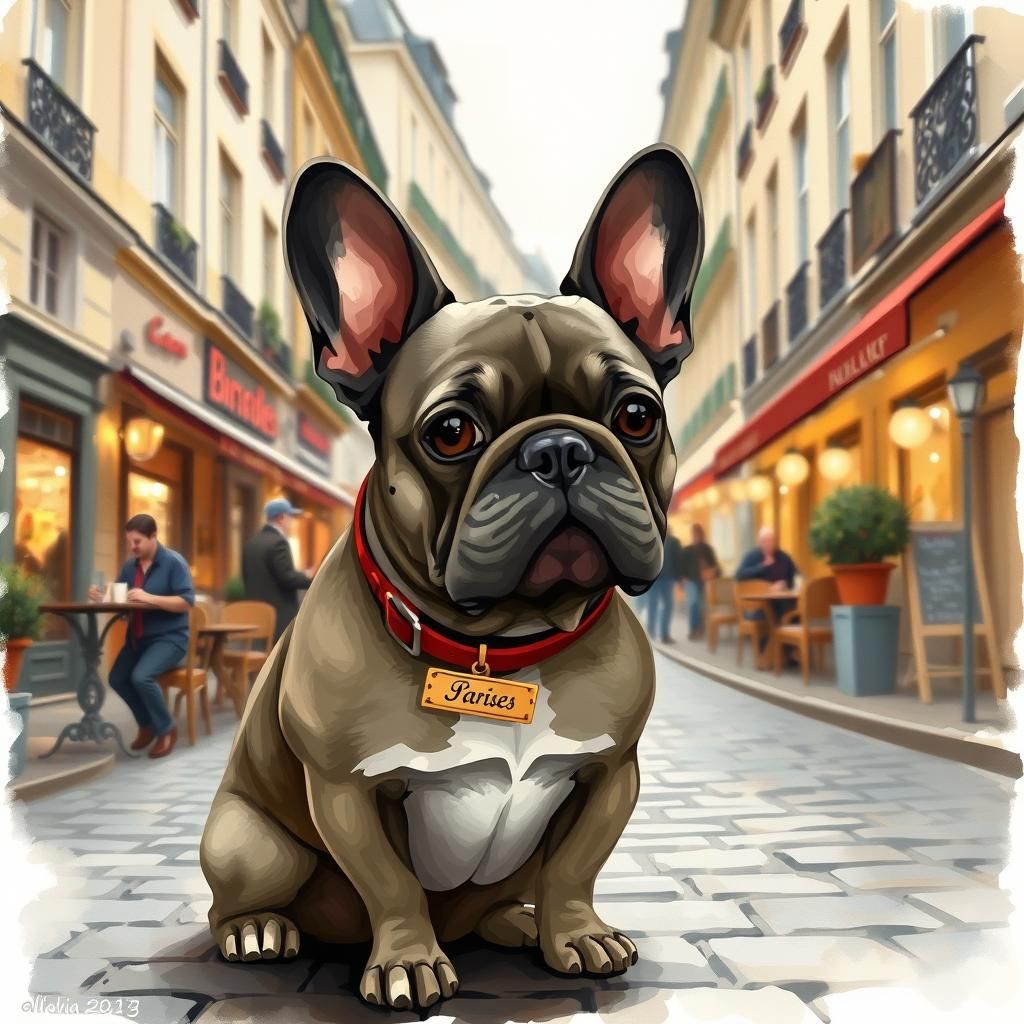 French Bulldog in Paris, Whimsical Illustration