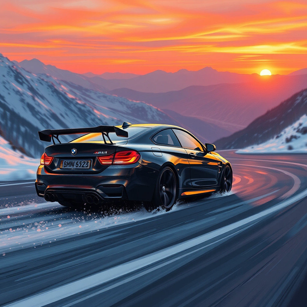 BMW M4 GT3 Races Through Snowy Sunset Landscape