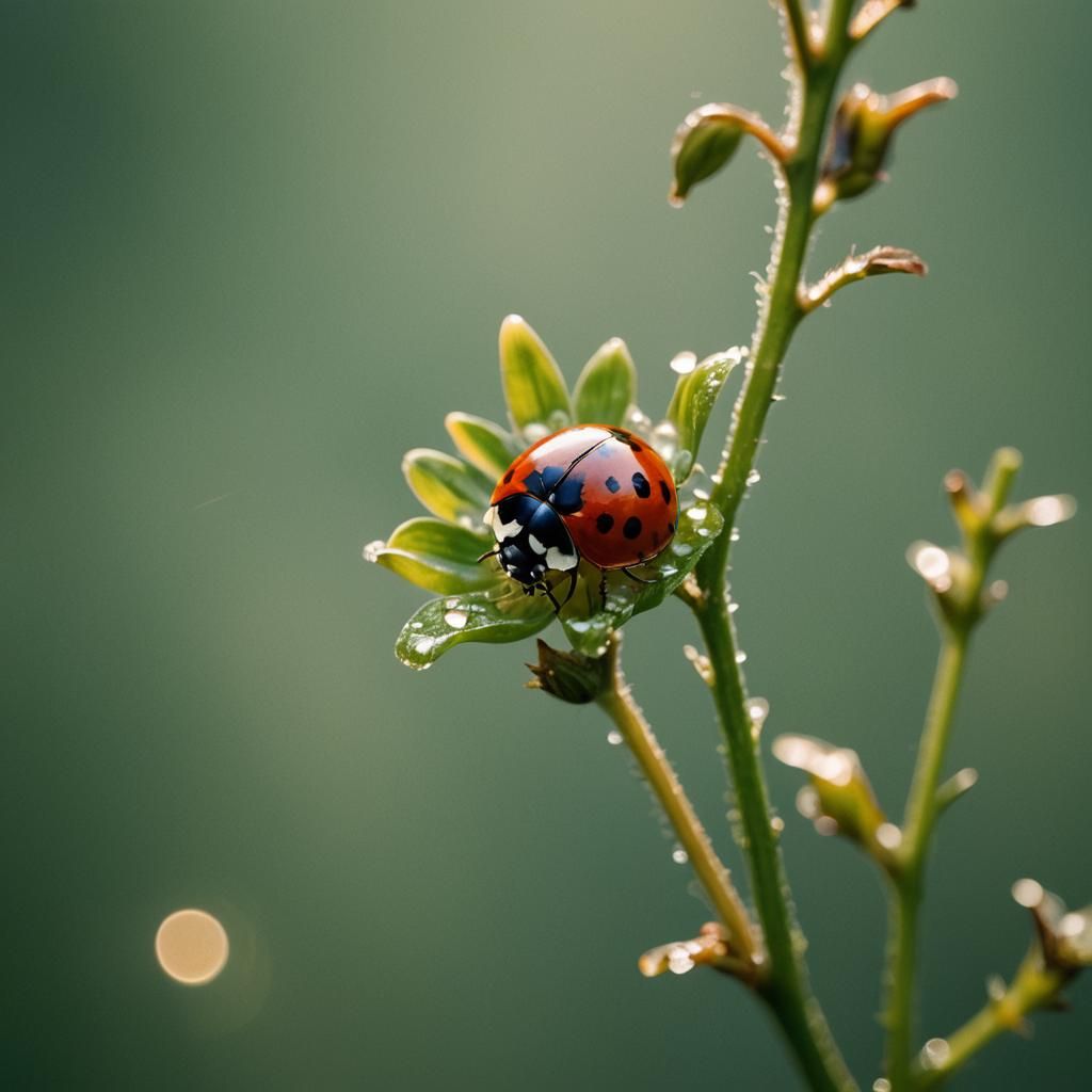 Ladybug on Dew-Kissed Petal in Cinematic Style