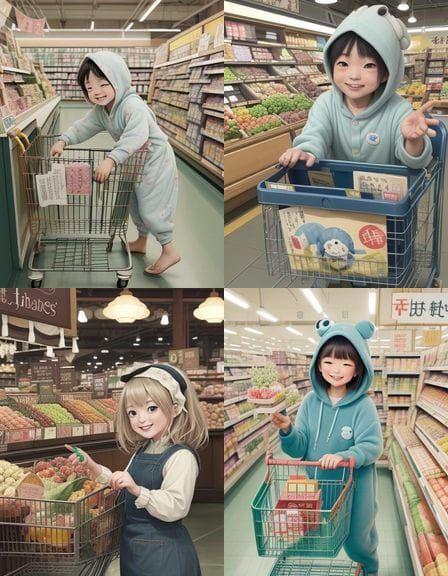 Whimsical Shopping Cart Scene with Smiling Baby