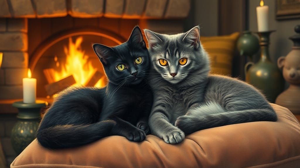 Cats Snuggling by Fireplace in Whimsical Style