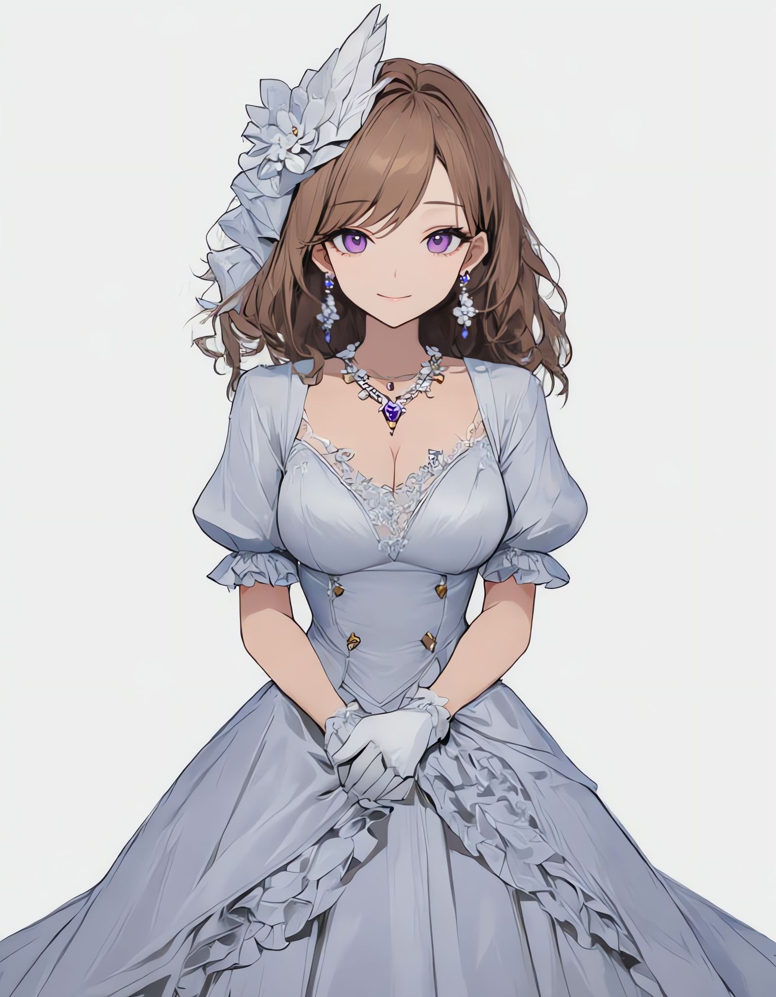 Elegant Girl in White Dress with Purple Eyes