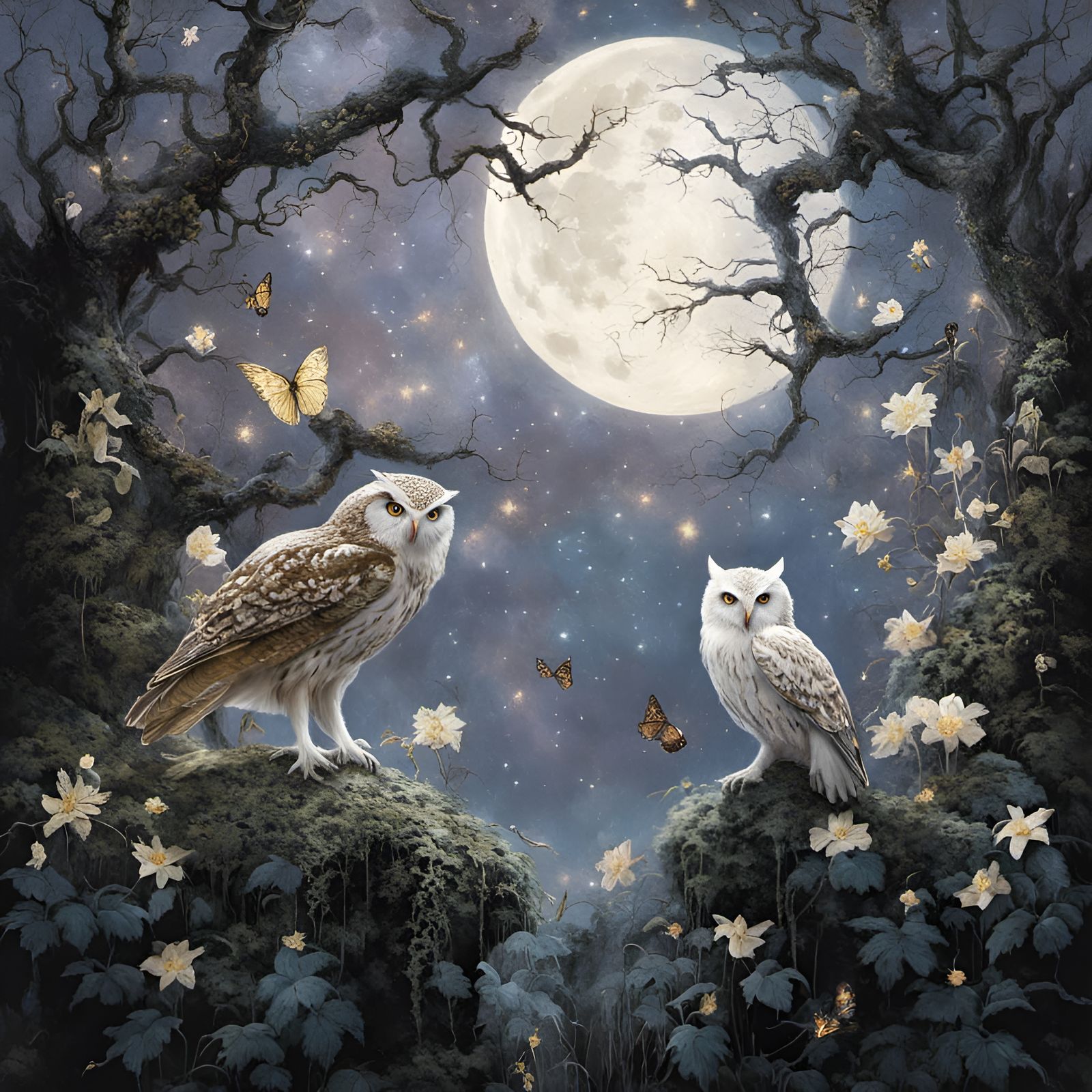 Owls in Moonlit Forest: Fantasycore Artwork