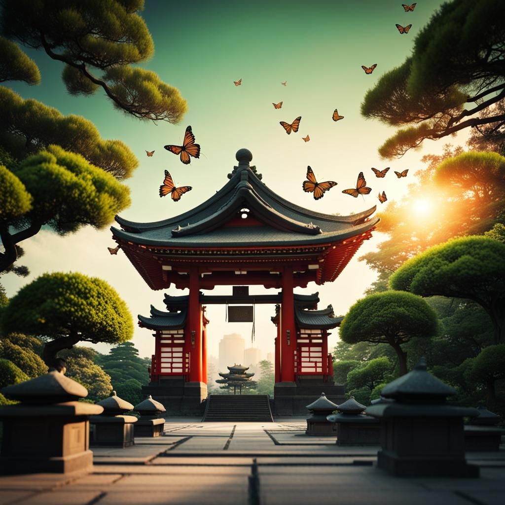 Japanese Garden Shinto Shrine at Sunrise