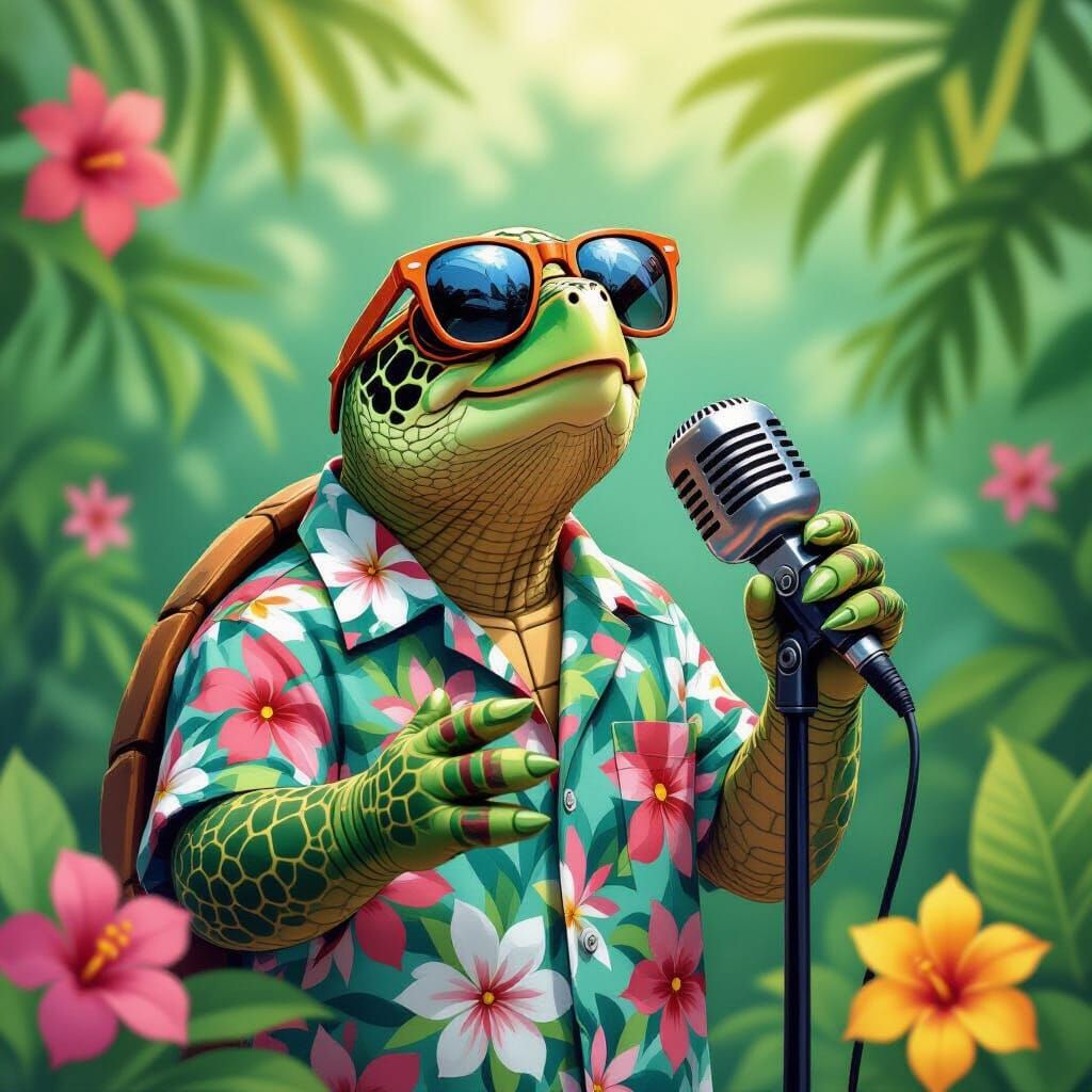 Singing Turtle in a Whimsical Collage Style