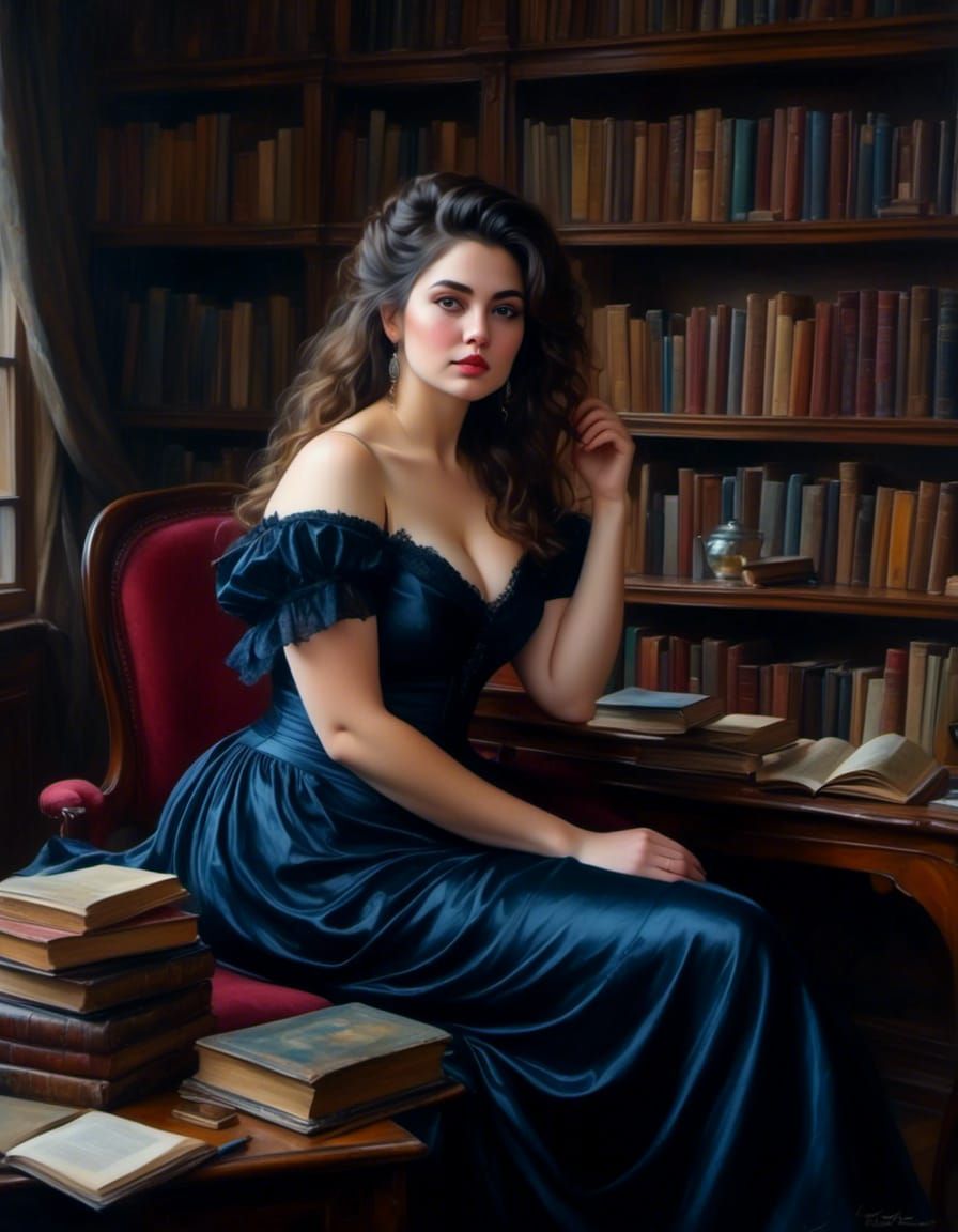 Sad Brunette in Library: Photorealistic Painted Portrait