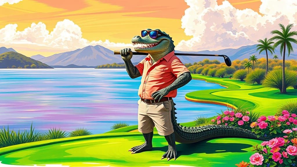 Golfing Alligator in Vibrant Graffiti Style