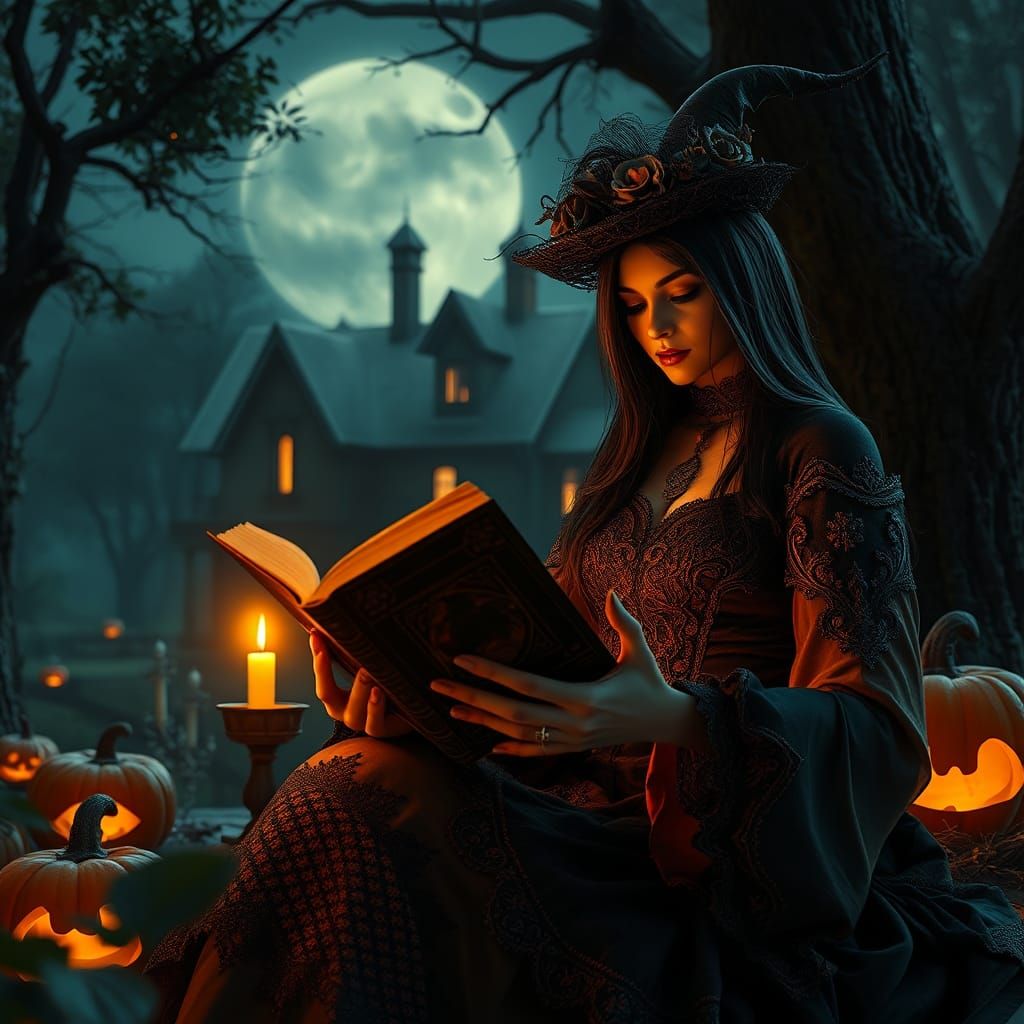 Gothic Halloween Witch in Enchanted Forest, 3D Render