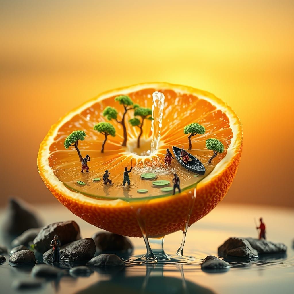 Surreal Orange Landscape with Waterfall and Figures