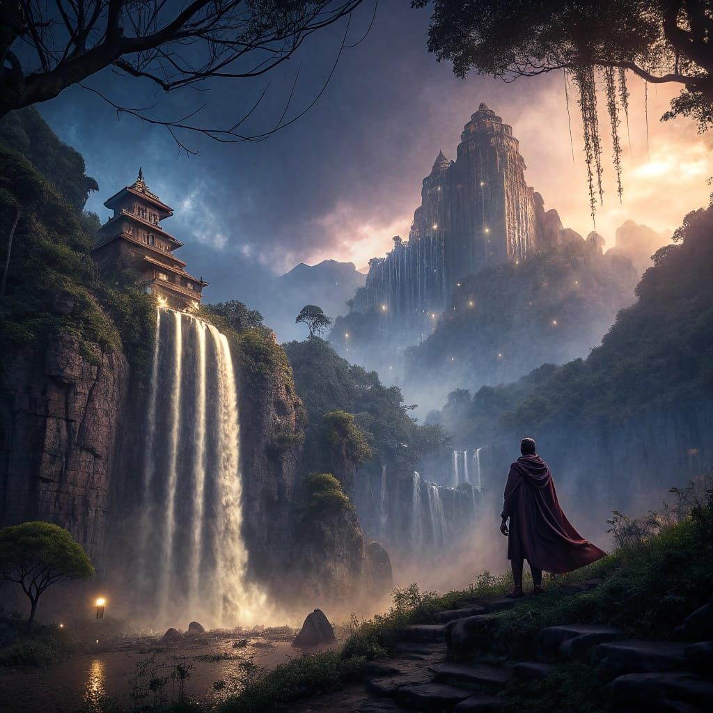 Ancient City Above Luminous Forest in Dawn Clouds