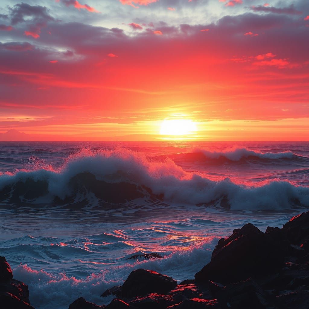 Epic Sunrise Over the Turbulent Sea in a Cinematic Digital P...