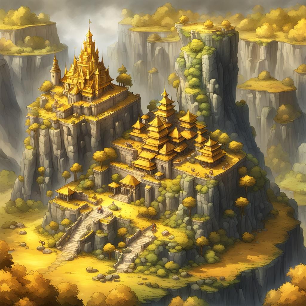 Realistic Yellow Kingdom on Cliffs Radiating Magic