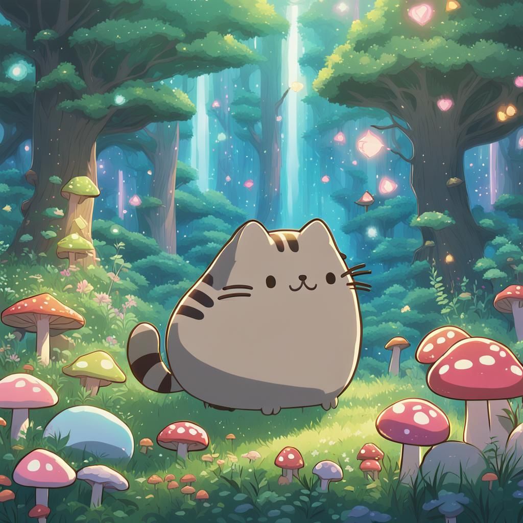 Pusheen and Kirby in Magical Ghibli Forest