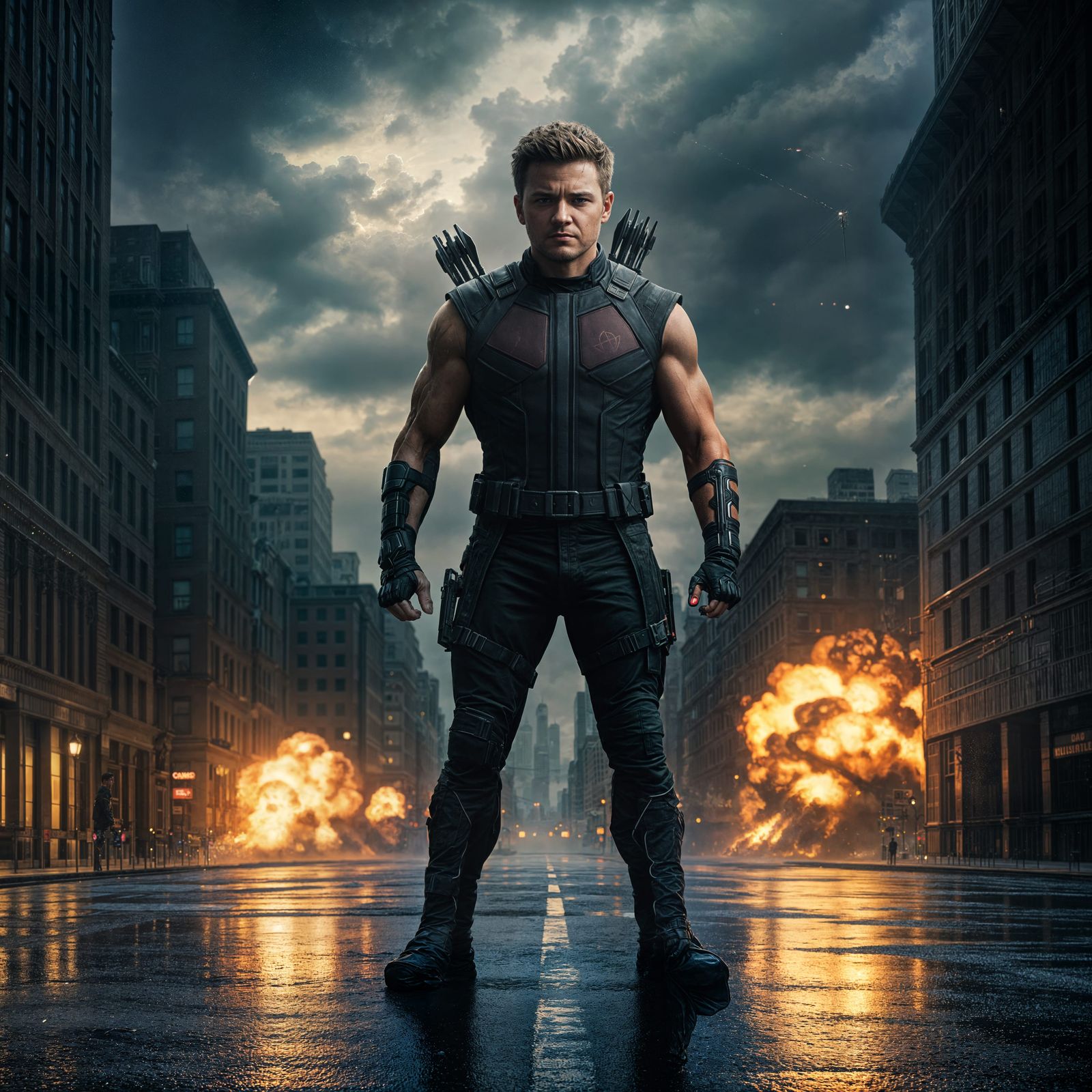 Hawkeye in a Gritty Cityscape under Explosive Skies