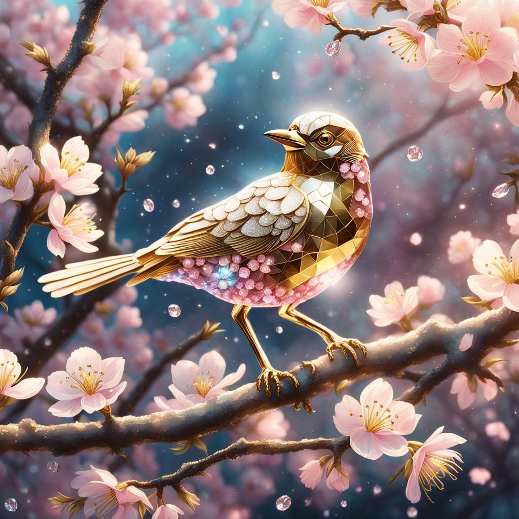 Crystal Bird with Gold Etchings on Cherry Branch