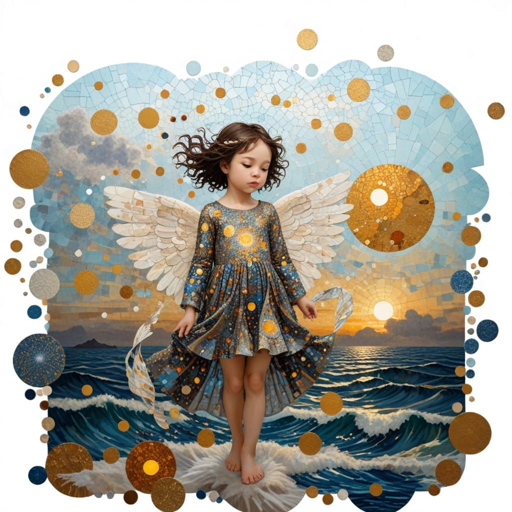 Childlike Angel with Mosaic Wings Above Twilight Sea