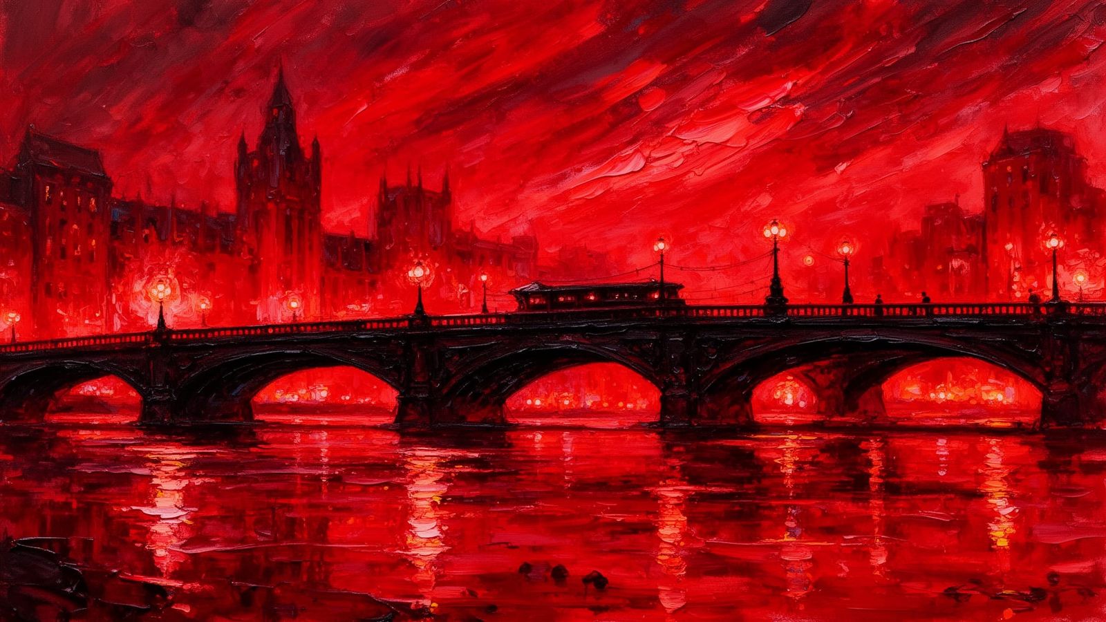 Red River Bridge Cityscape in Gouache Style