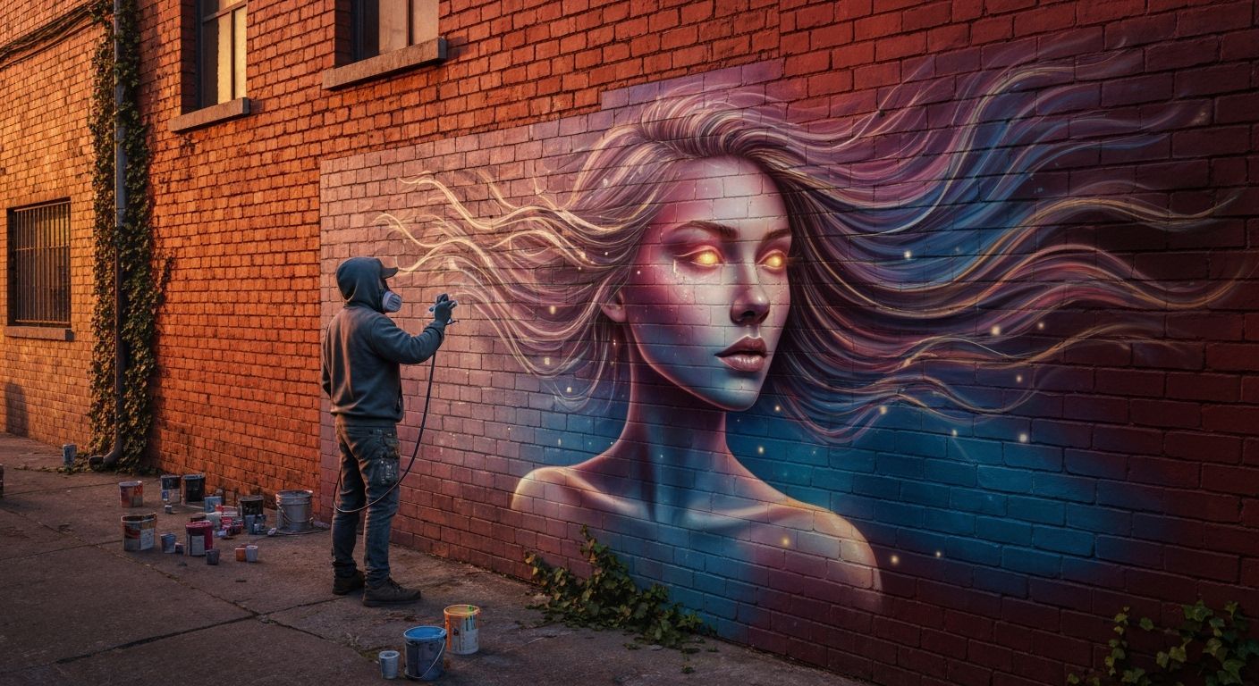Street Artist Airbrushing Surreal Portrait on Brick Wall