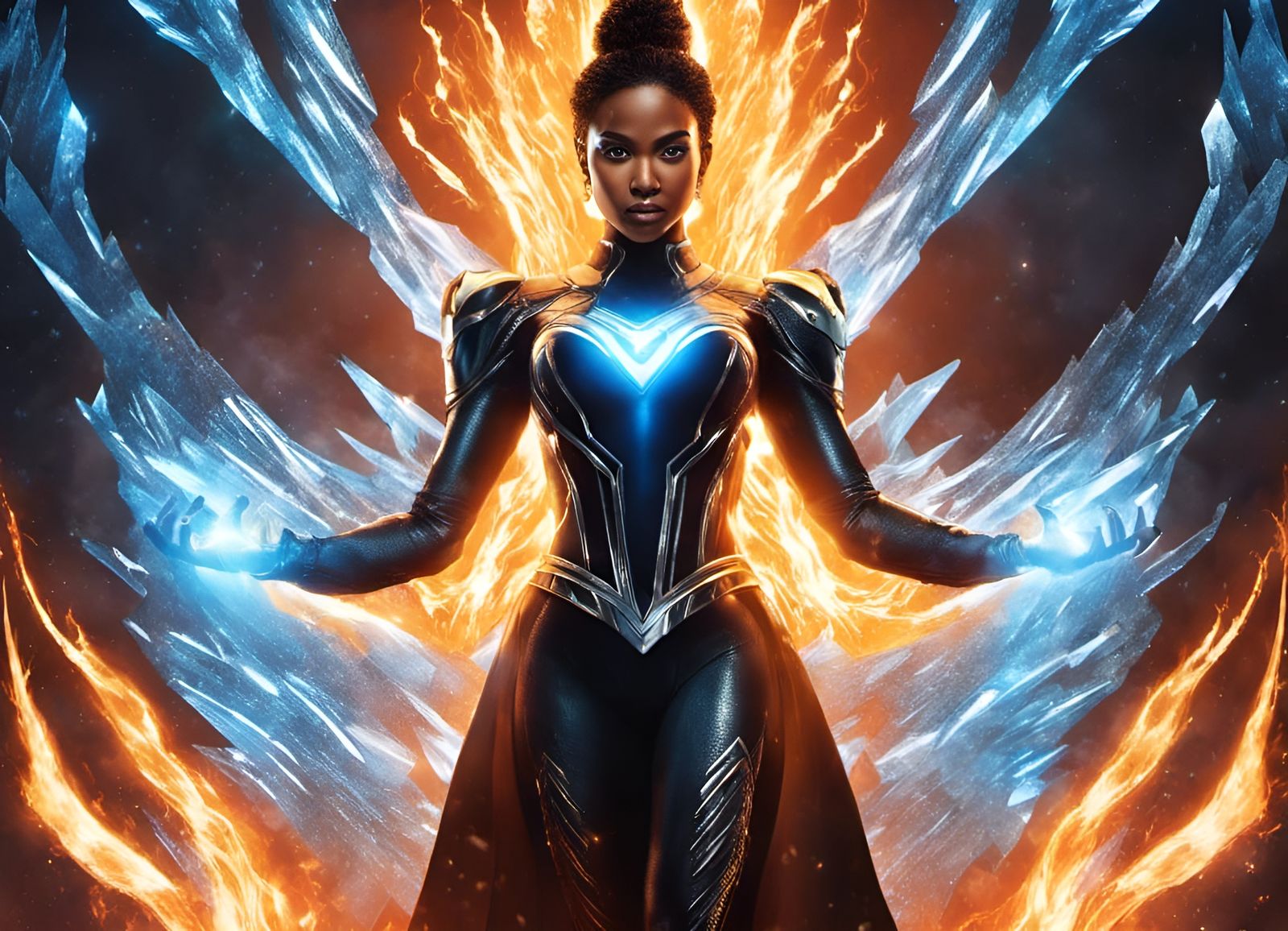 A visually mesmerizing scene featuring Oya superhero with thermokinesis powers