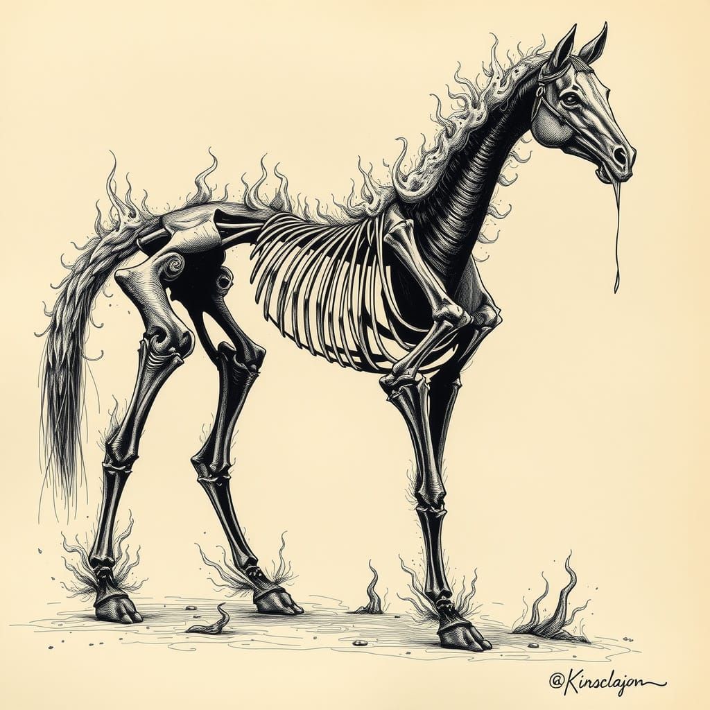 Fiery Black Horse Skeleton Sketch in Gothic Horror Style
