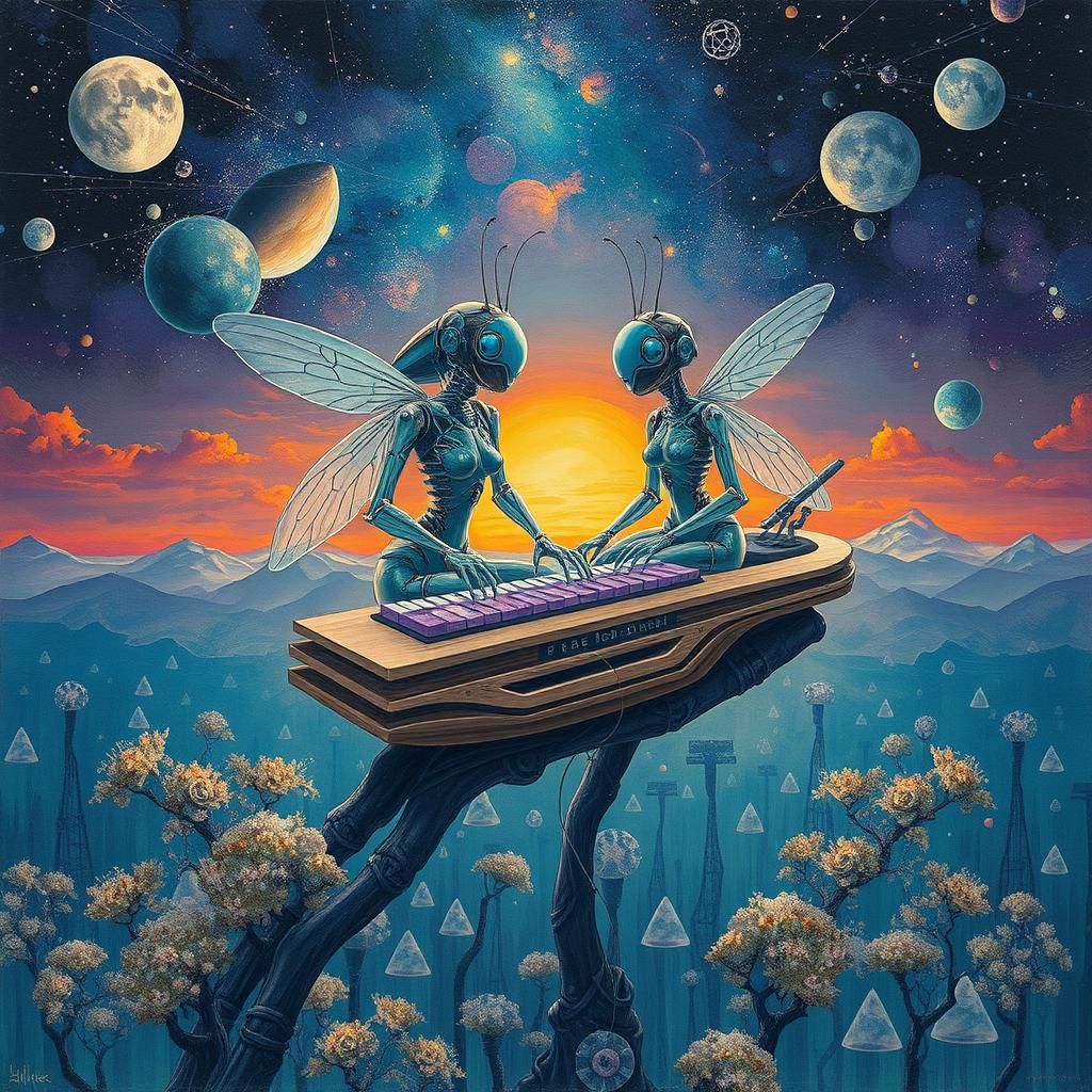 Ethereal Poets in Sunset Galaxy, Oil on Ceramic