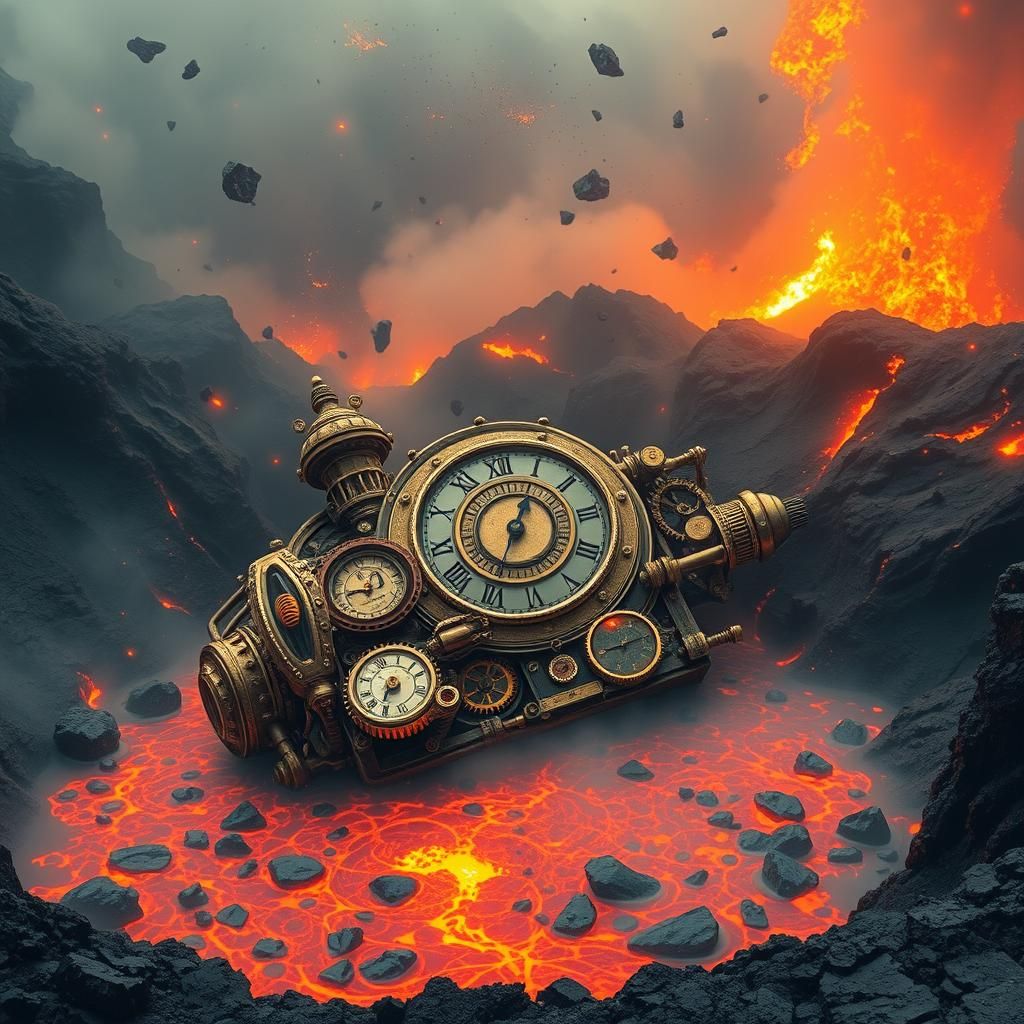 Steampunk Time Machine Eruption in Apocalyptic Volcano